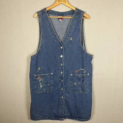 J.L.N.Y. Womens Overall Dress Size 2X Denim Blue Embroidered Button Front Jumper • $24.95