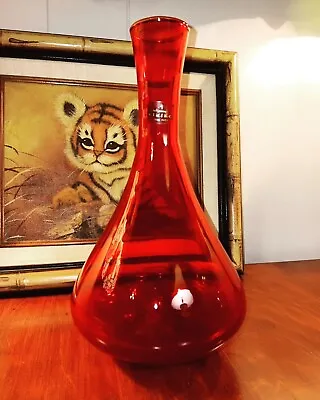 Vintage Viking Glass MCM Ruby Red Amberina Glass Vase Decanter Original Label! • $79.99