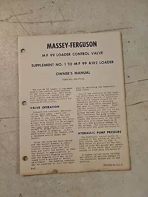 Vintage 1962 Massey Ferguson 99 Loader Control Valve Owners Manual Supplement  • $9.95