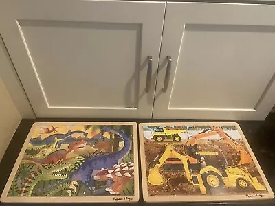 Lot Of 2 Melissa And Doug Wooden Jigsaw Puzzles Dinosaurs Diggers At Work • $12