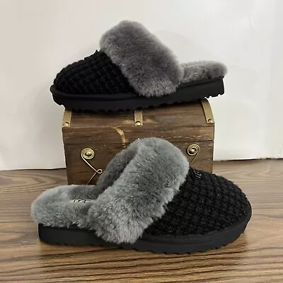 Ugg Black Cozy Knit Sheepskin Platform Comfort Slippers Women Us 6 Eur 37 Read! • $69.99