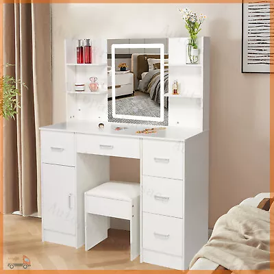 White Vanity Desk Set With LED Lighted Mirror 5 Drawers For Bedroom Makeup Dress • $189.95