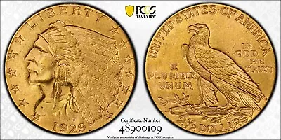 1929 Indian Head 2 1/2 $2.5 Quarter Eagle Gold Pcgs Au58 • $550