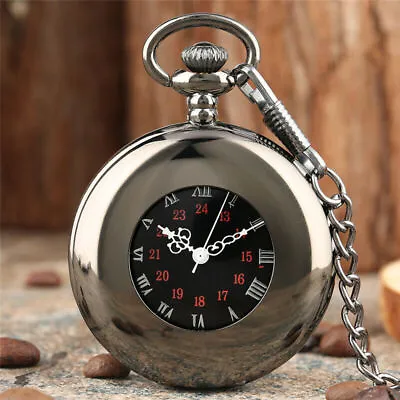 Black Smooth Face Skeleton Mechanical Hand Wind Pocket Watch Pendant Chain • $15.97