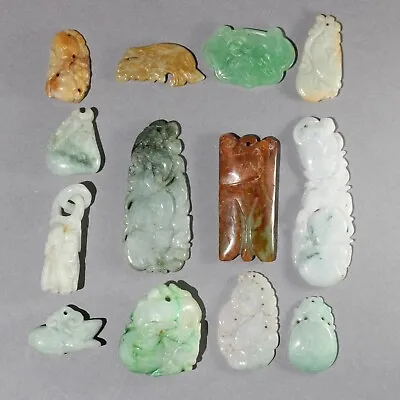 $14.50 • Buy 13Pc Vintage Chinese Carved Jadeite Jade And Hardstone Pendants Group Lot #16