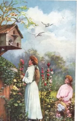 VINTAGE TUCK  Postcard:  LADIES IN A GARDEN LOOKING AT CAT IN A DOVECOTE 1906 • £1