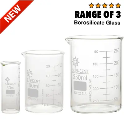 Set Of 3 Thick Glass Beaker Lab Measuring Cup Withstand Heat Chemical Pressure • $12.99