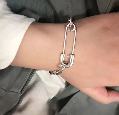 925 Sterling Silver Big Safety Pin Chain Link Bracelet 19cm • £15