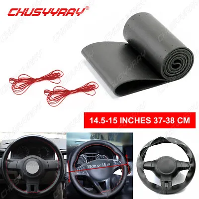 Black Genuine Leather Steering Wheel Cover Wrap Sew-on 38CM DIY Kit For All Car • $12.59