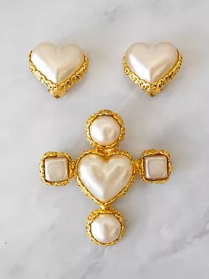 Rare Chanel Vintage S/S1992 Pearl Heart Gold Collection 28 Clip Earrings Brooch • $4500