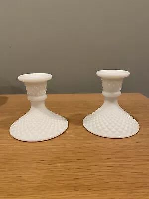 Vintage Westmoreland White Milkglass Diamond Point Candlesticks • $19.95