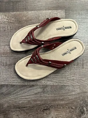 MINNETONKA Red  Leather Flip Flops Sandals Thong Women's  Size 8 • $24