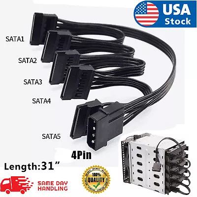 USA 4 Pin 1 To 5 SATA 15 Pin Hard Drive Power Supply Splitter Cable 31inch NEW • $8.98