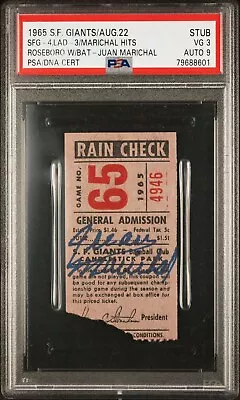 1965 Juan Marichal Hits John Roseboro In Head W/ Bat Ticket🎟️la/sf Psa 3 Auto 9 • $4999