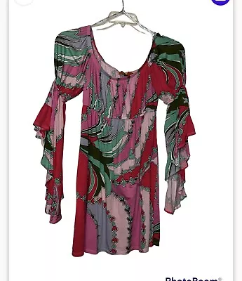 Voom By Joy Han Dress Womens Small Pink Green Floral Flare Sleeves Off Shoulder • $19