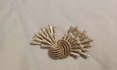 Vintage TRIFARI Gold Tone Pearl Spray Brooch Pin 2 1/4  • $37