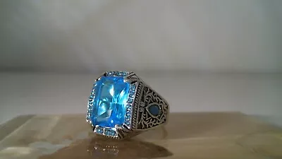 Mens Silver Plated Brilliant Ocean Blue Aquamarine Crystal Ring Size 11 • $19.99