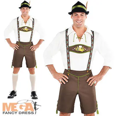 £24.99 • Buy Oktoberfest Lederhosen + Hat Mens Fancy Dress German Bavarian Adults Costume New