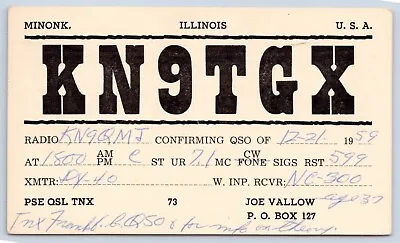 QSL CB Ham Radio KN9TGX Minonk Illinois Vintage Woodford County IL 1959 Card • $5