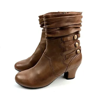 Miz Mooz Topper Ankle Boot 6.5 Brown Leather Button Accent Zip Up Bootie Womens • $67.96