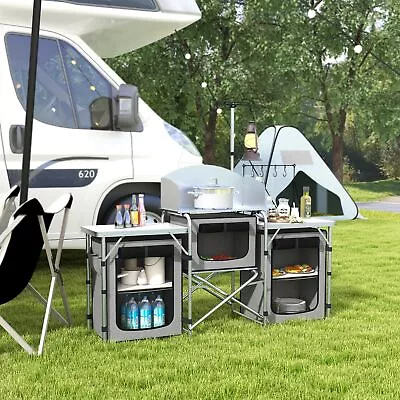 Folding Camping Kitchen Portable Aluminium Camping Table With Fabric Cupboards • £85.99