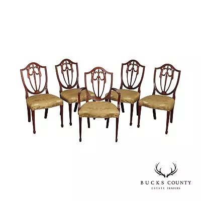 Kindel Hepplewhite Style Set Five Carved Mahogany Shield Back Dining Chairs • $2795