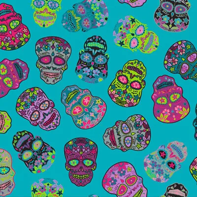 Nutex SUGAR SKULLS Mexican Candy Skull Day Of The Dead Fabric - Teal • £7.25