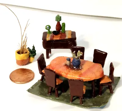 LOT Of 3 Pcs. Custom Clay Dollhouse Miniatures Table Chairs Credenza & Plants • $16.78