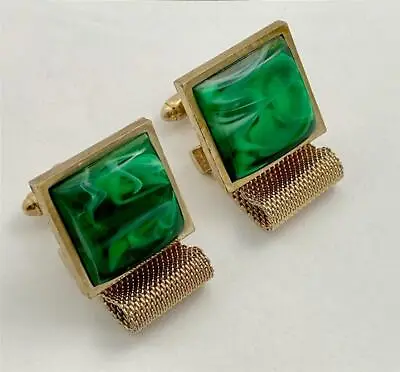 Vintage 60's Dante Faux Malachite Green & Gold Tone Mesh Wrap Cufflinks • $22