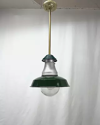 RESTORED Vtg Industrial Pendant Light Green Porcelain Enamel Barn Gas Station • $299.98