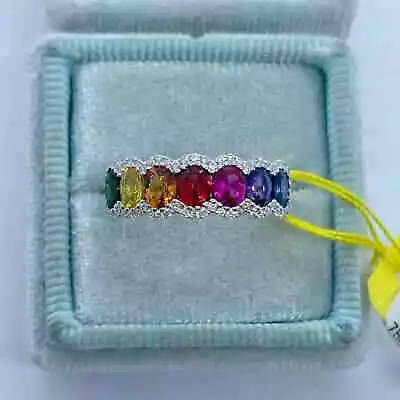 3Ct Oval Cut Lab-Created Rainbow Sapphire Eternity Ring 14K White Gold Plated • $92.29