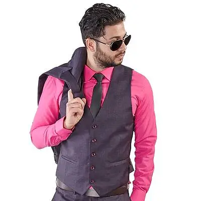  Purple Windowpane Suit Vest 5 Button V Neck Adjustable Back Strap Formal AZAR  • $21.95