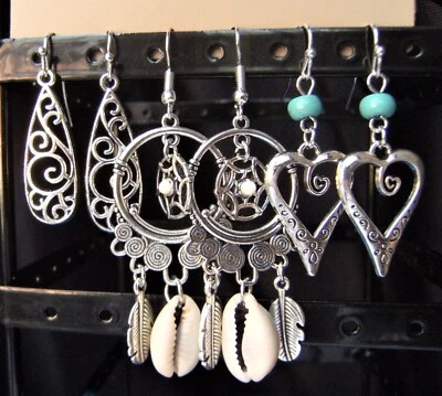 £3.99 • Buy Joblot 3 X Pairs Boho Bohemian Silver Dangle Drop Earrings Conch Heart Hook Bnip
