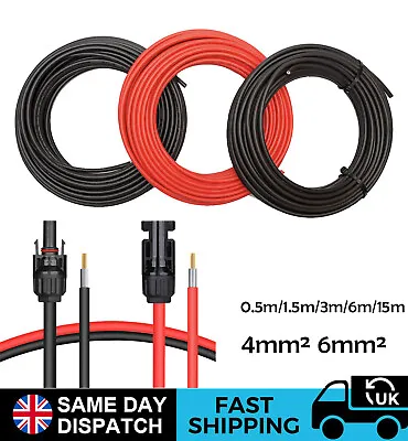 Solar Panel PV Cable DC Rated 4mm² & 6mm² + Connector Crimp Wire Red/Black • £35.59