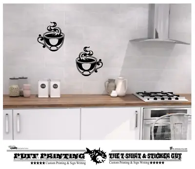 2 Cups Of Tea Kitchen Wall Stickers Vinyl Art Decals Cafe Diner Hearts DIY Love • £2.89