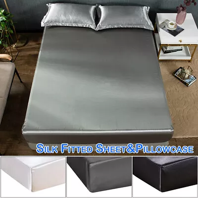 Extra Deep Full Silk Fitted Sheet Bed Sheets Pillowcase Full/Queen/King Size • £6.79