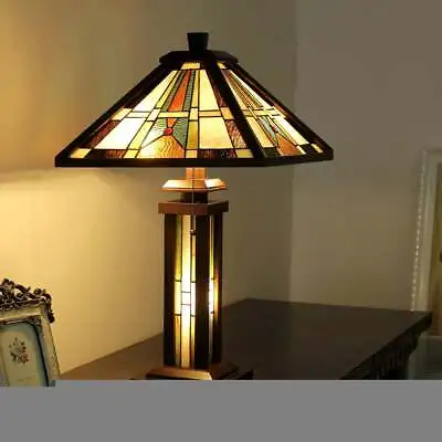 Mission Tiffany Style Stained Glass And Walnut Accent Table Lamp 25in Dbl Lit • $219.77