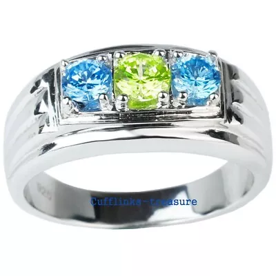 Natural Peridot & Blue Topaz Gemstones 925 Sterling Silver Men Band Ring #2112 • £81.54