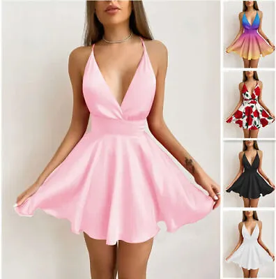 $17.14 • Buy Satin Pleated Club Dress V Neck Women Summer Dresses Back Cross Strap Dresses 
