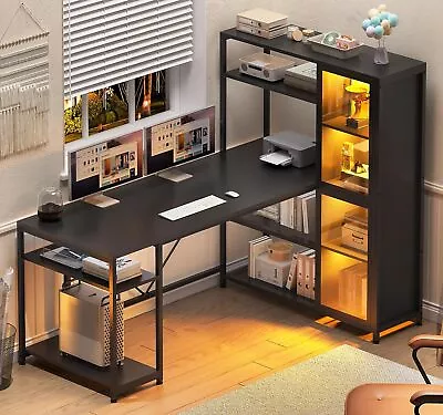 L Shape Gaming Desk 59  Computer Desk With LED Light & Bookshelf Display Cabinet • $189.99