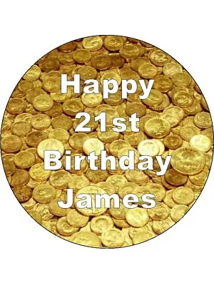 Gold Coins Money Flush Personalised Wafer Or Icing Edible Round Cake Topper • £4.14