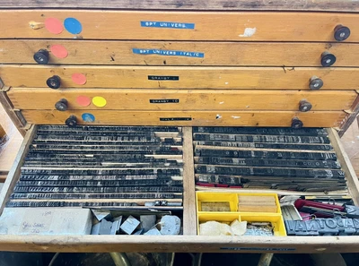 £350 • Buy Vintage Drawers Containing Assorted Letterpress / Typeset Printing Blocks 