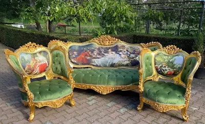 Exquisite Vintage French Louis XVI Corbeille Sofa Set In Green Velvet - 3-Pc • $4900