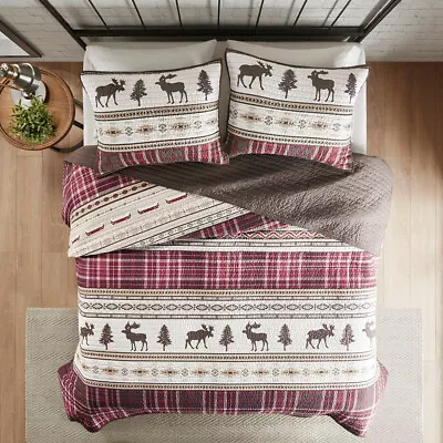 BROWN BEAR MOOSE VALLEY 3pc King QUILT SET : SOUTHWEST WINTER RED PLAID CABIN • $84.99