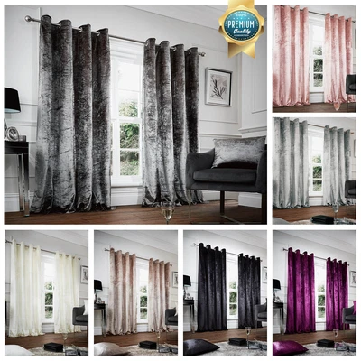 £22.99 • Buy Crushed Velvet Curtains PAIR Of Eyelet Ring Top Fully Lined Ready Made Thick