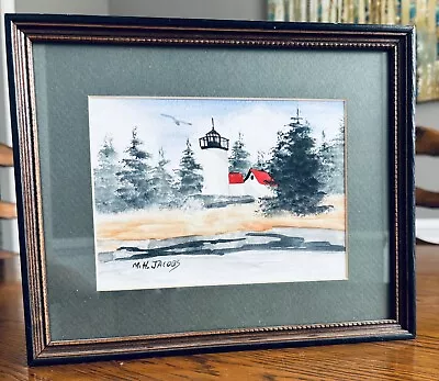 Vtg M H Jacobs Original Signed Maine Watercolor Lighthouse Landscape Painting • $25