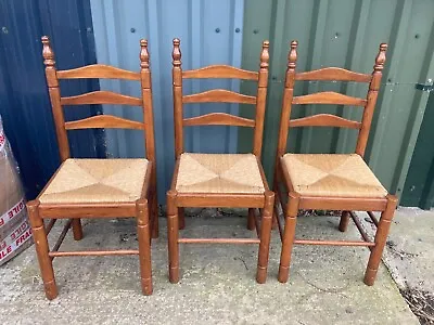 Vintage Brown Natural Pine High Back Ladder Dining Chairs X 3 With Rattan Seats • £74.99
