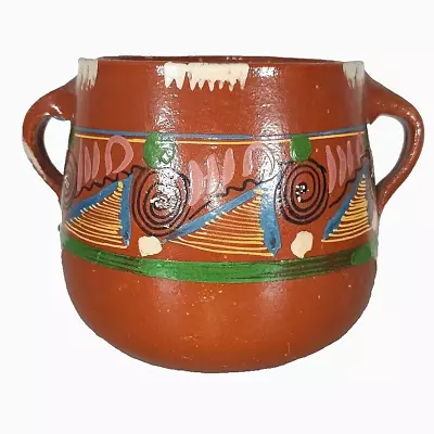 VTG Mexican Redware Pottery Bean Pot Hand Painted Crock Planter Handmade MCM • $32