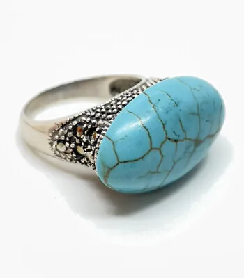 Sterling Silver Stamped 925 Statement Marcasite Turquoise Cabochon Ring Sz 7 • £44.65