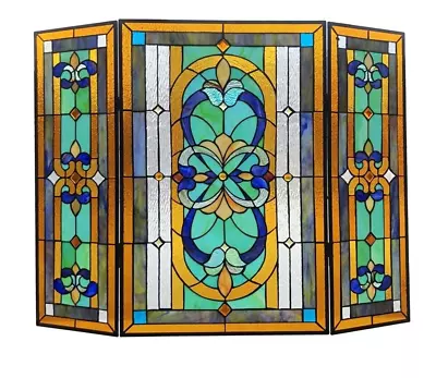 Tiffany Style Fireplace Screen Mission Design Stained Glass 3 Section 31 X 40 • $338.88